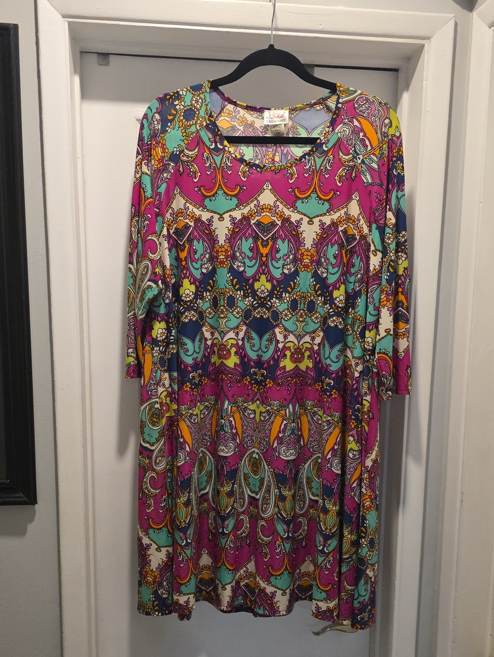 SWAK Multicolor Printed Long Sleeve Scoop Neck Dress — Pink & Teal Accents
